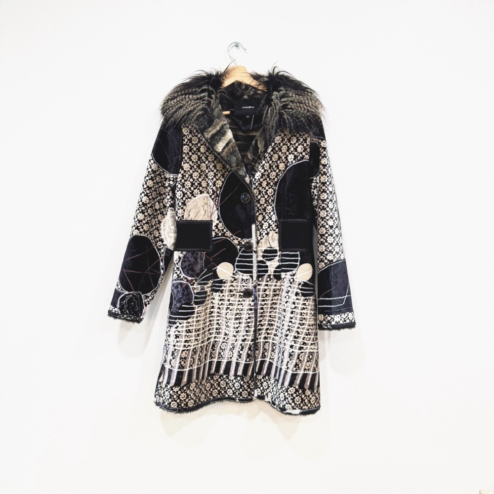 Vintage 90’s CarlOpik abstract geometric patchwork design faux fur coat
